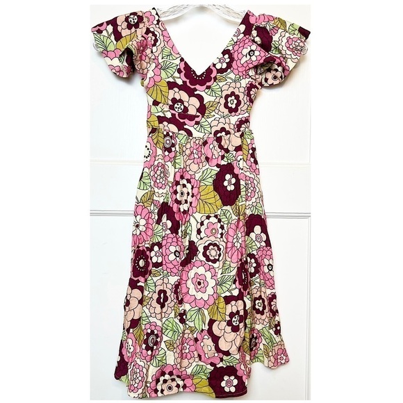 DODO BAR OR Kids Retro 70s Floral V-Neck Ruffle Short Sleeve Flare Skirt Dress 2 - Picture 3 of 9